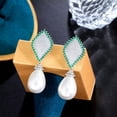 thumbnail image 6 of Unique Mirco Pave Silver Plated CZ Green Long Rhombus Pearl Dangle Drop Earrings, 6 of 9