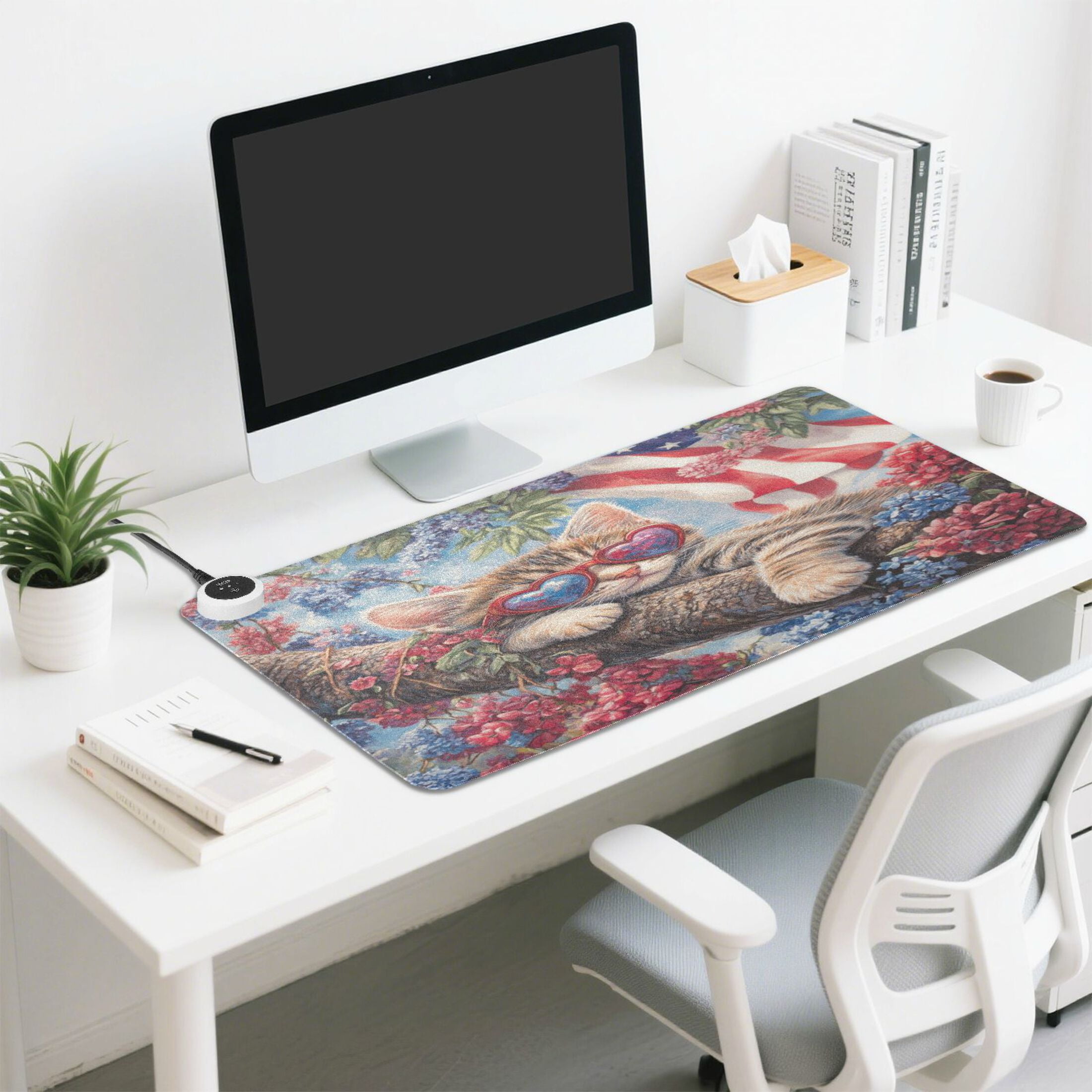 Wobogo 4th Of July Cat Heated Mouse Pad Extra-Large Desk Mat With 3 Heating Levels and 3-hour Auto Shut-Off Protection Ideal for Computer Keyboards Home Office Hand-warming Essential 31.5in × 13in