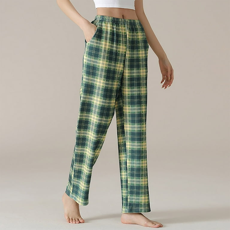 Gnurob Womens Wide Leg Pants Plaid Trousers Elastic Waisted Baggy