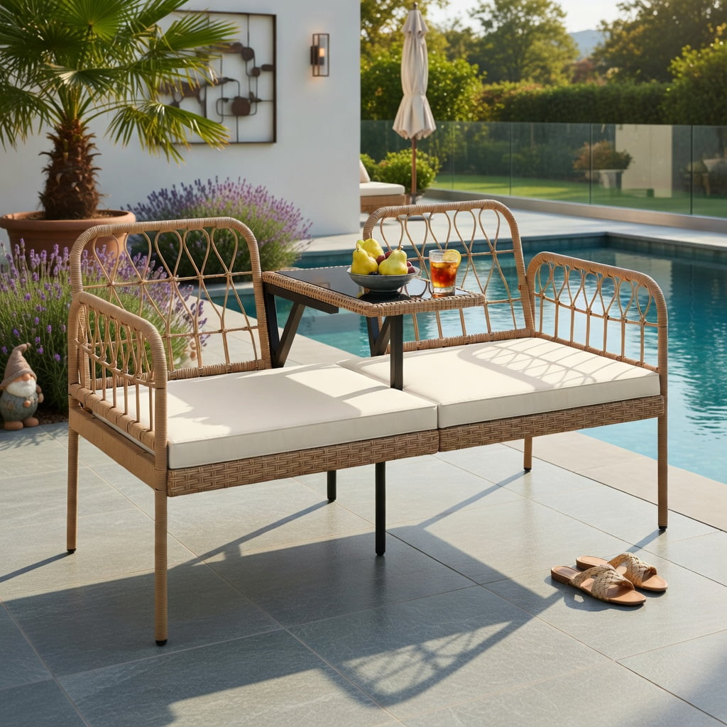 Hommoo 2-Seat White PE Rattan Outdoor Loveseat with Built-in Tempered Glass Table & Removable Cushions for Patio, Porch, Backyard, Natural