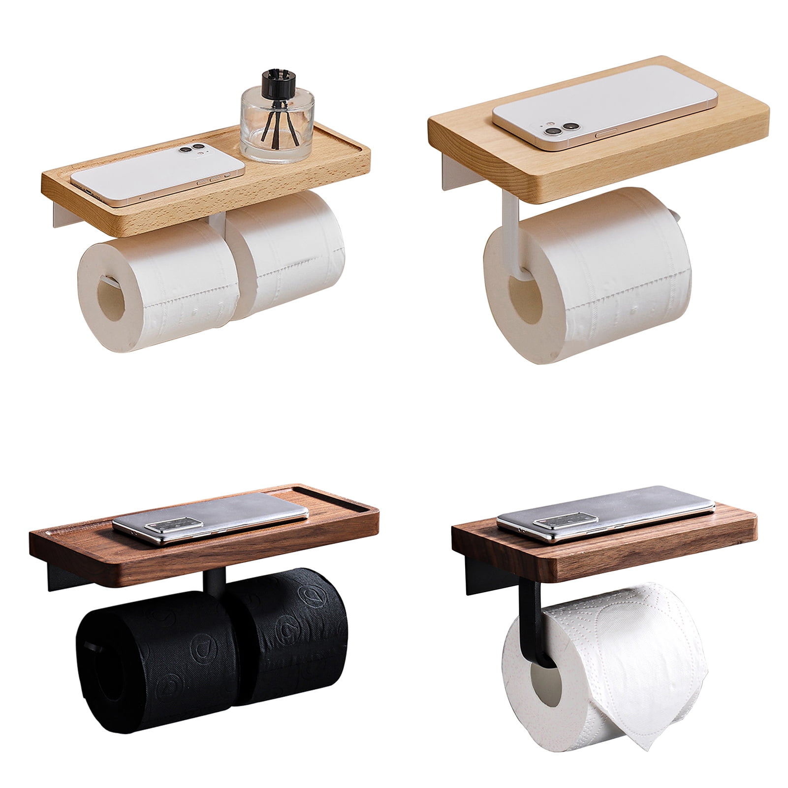 Rustic Wood Toilet Paper Holder with Shelf，Wall Mounted Tissue Roll Holder  with Phone Storage Shelf，Paper Dispenser Holder for Bathroom