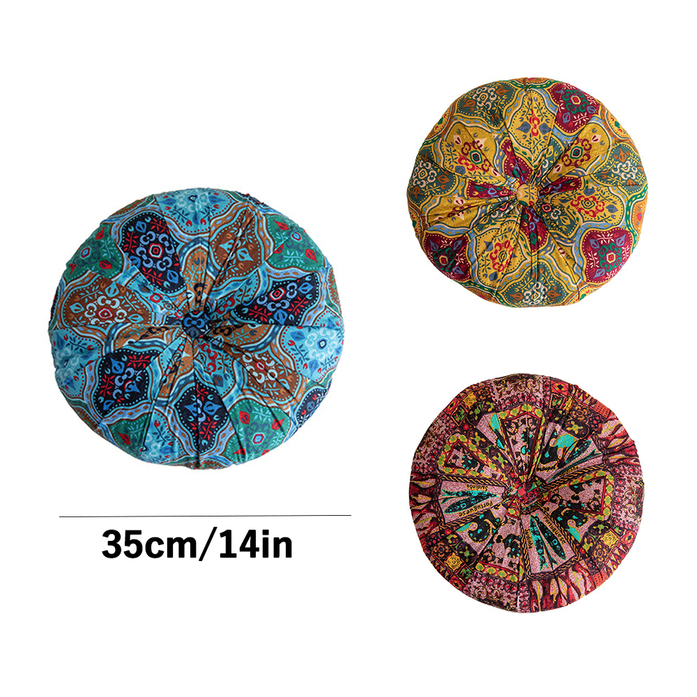 Monebena Round Floor Pillow Cushion Pleated Throw Pillows Boho Printed Accent Pumpkin Decorative Throw Pillows with Button Cotton Linen Pillow Cushion for Sofa Couch Vanity Chair Bed Diameter 14"