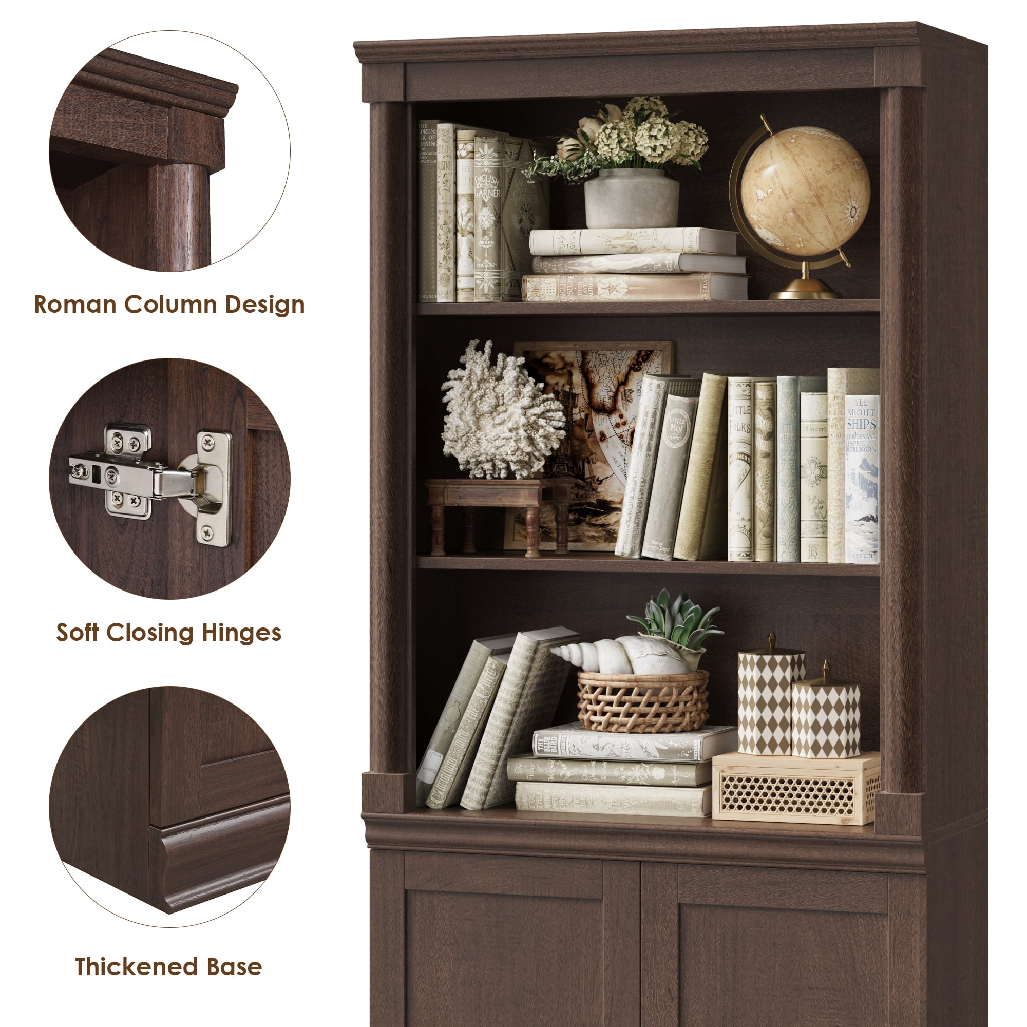 Homfa 71"H Bookcase with Doors, 5 Tier Storage Bookshelf with Adjustable Shelf for Study Home Office, Reddish-Brown