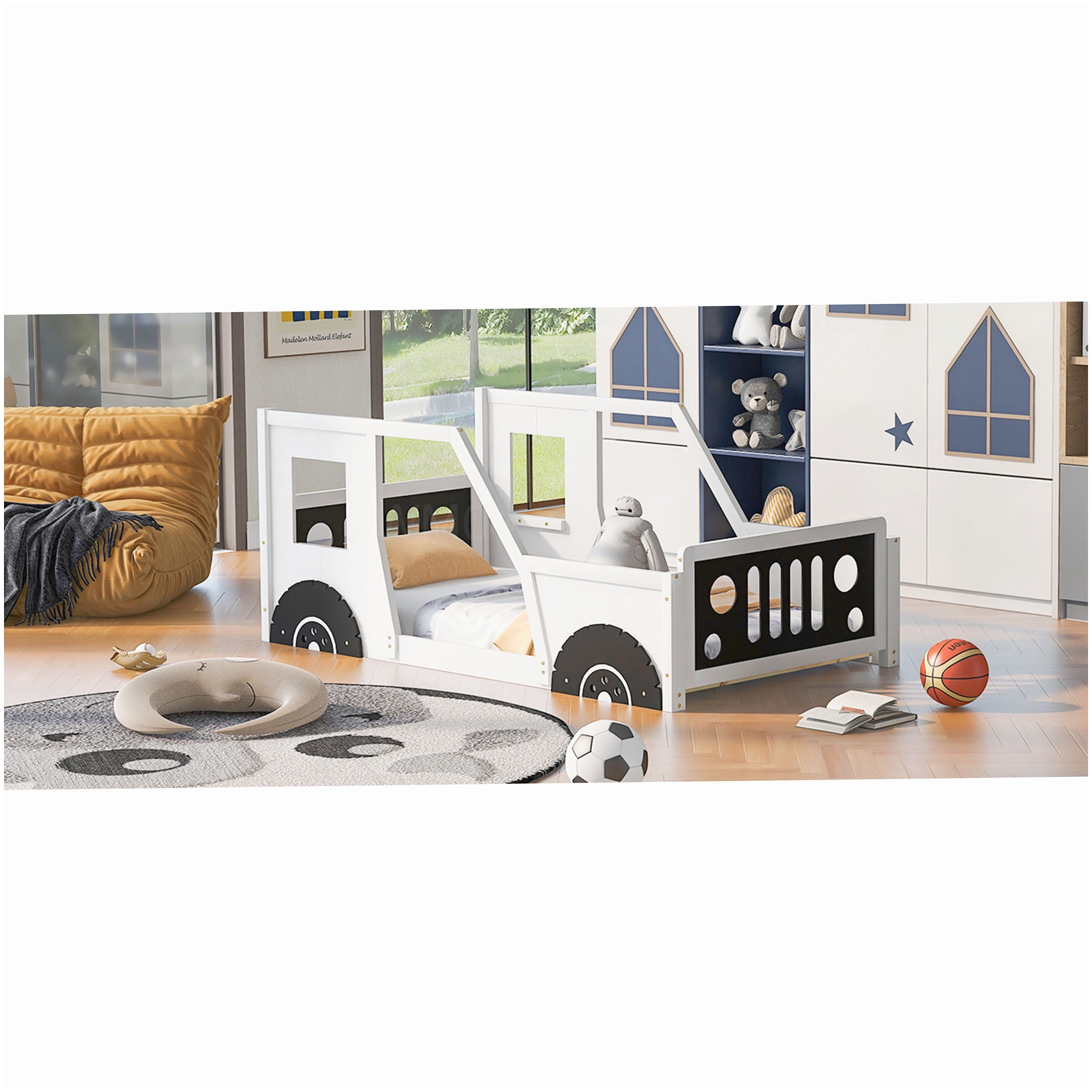 No Box Spring Race Car Bed Frame Twin Size, White Wood Platform with Decorative Wheels