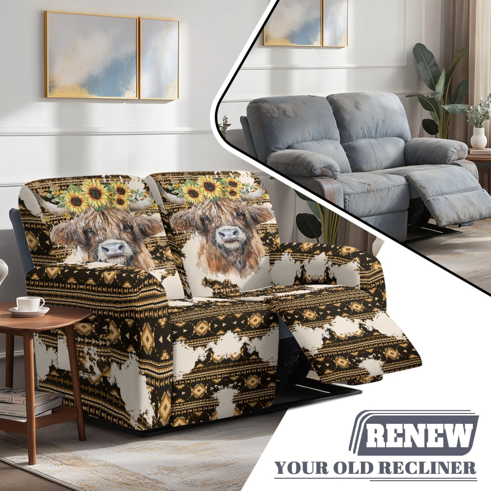 Xoenoiee Aztec Highland Cattle Sunflower Print Recliner Loveseat Covers, Stretch Reclining Sofa Covers, 2 Seater Couch Cushion Jacquard Recliner Slipcovers Furniture Protector Covers for Pet Kid