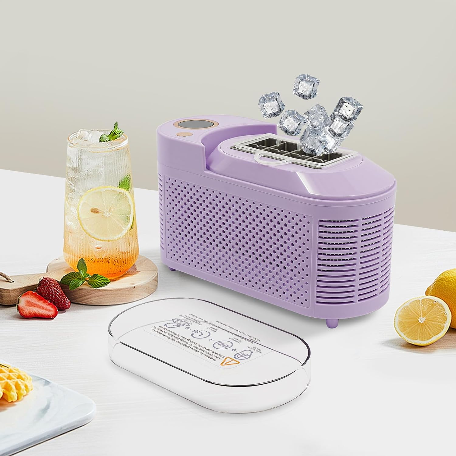12V/AC Dual Power Quiet Compact Ice Machine with Clear Cover and Clip, Portable Small Ice Maker, Mini Ice Cube Maker Countertop, for Home Kitchen, Camping RV, Dormitory, Office (Purple)Q