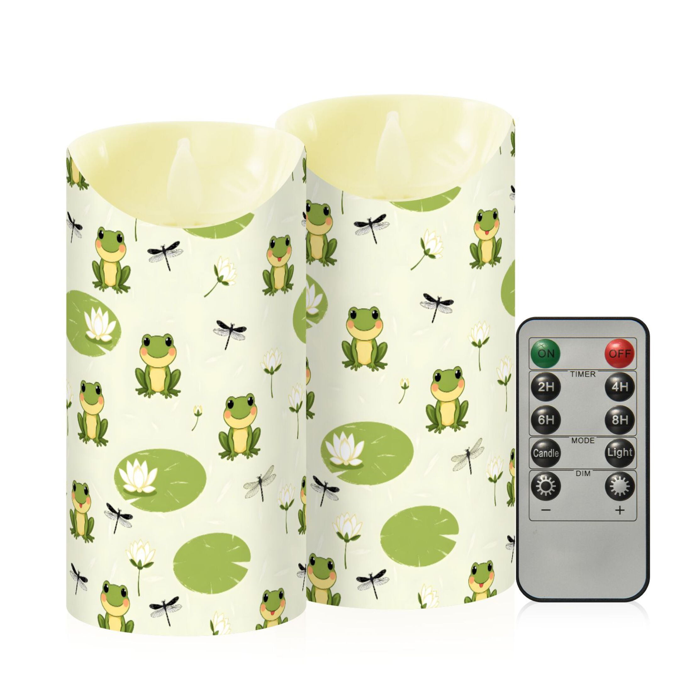 Frog Dragonfly Lotus Flower Flameless Candles 2 PCS with Remote Realistic Moving Flame LED Tapered Pillar Set for Home Decor