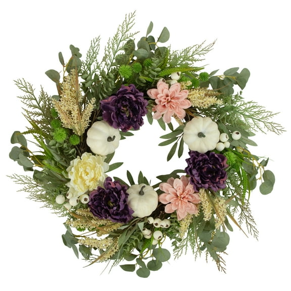 Northlight Peony, Dahlia and Pumpkins Artificial Floral Fall Harvest Wreath - 24"