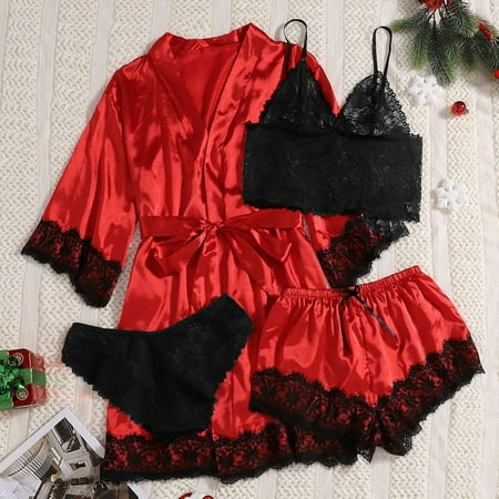 Levmjia Womens Pajama Sets Pajamas & Loungewear Summer Women Plus Size Sexy Lingerie Silk Robe Satin Bathrobe Four-piece Set Sleepwear Pajamas