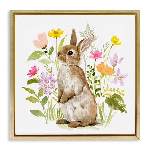 Stupell Industries Shabby Chic Bunny in Spring Nature Gold Floating Frame Canvas Art, 25 x 25, by Victoria Barnes