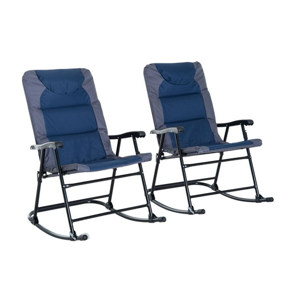 Outdoor Patio Rocking Chairs Set of 2, Foldable Steel Frame, Padded Seat & Backrest, Navy Blue & Gray, Camping & Backyard