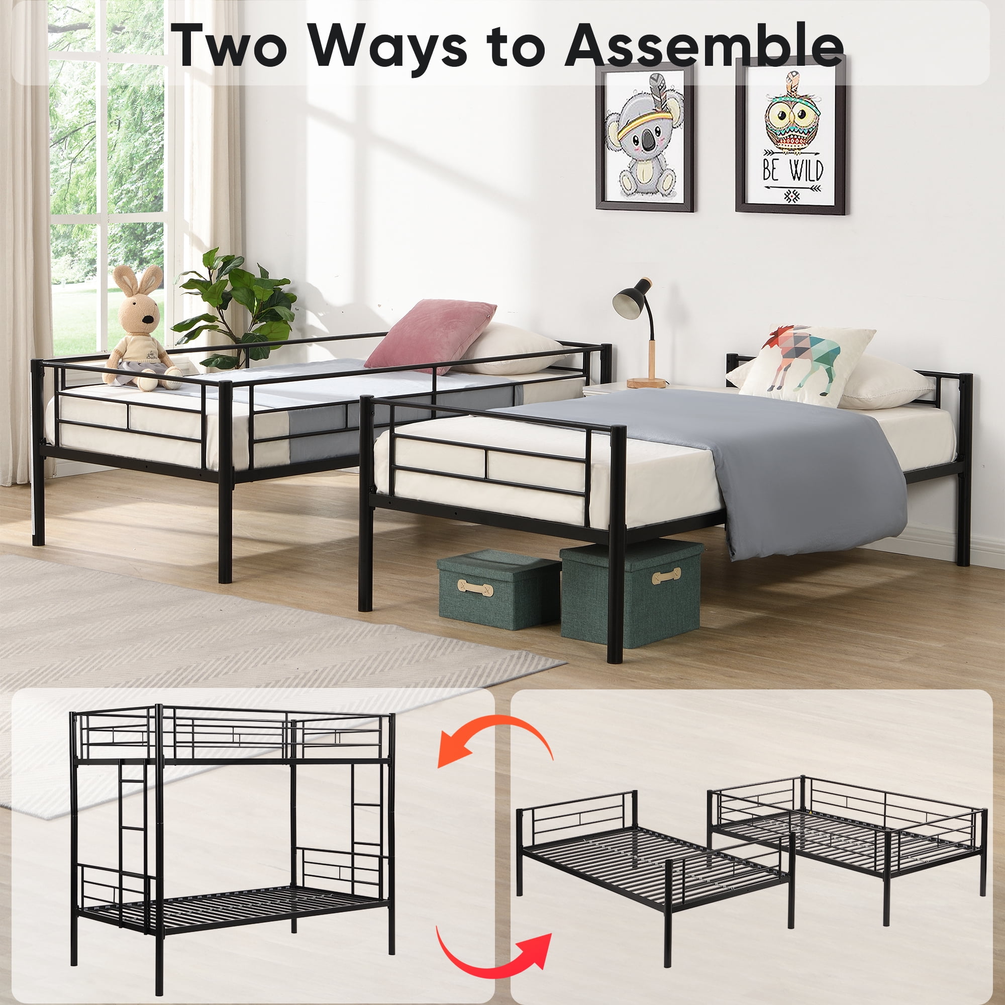Twin Over Twin Metal Bunk Bed with Trundle Black
