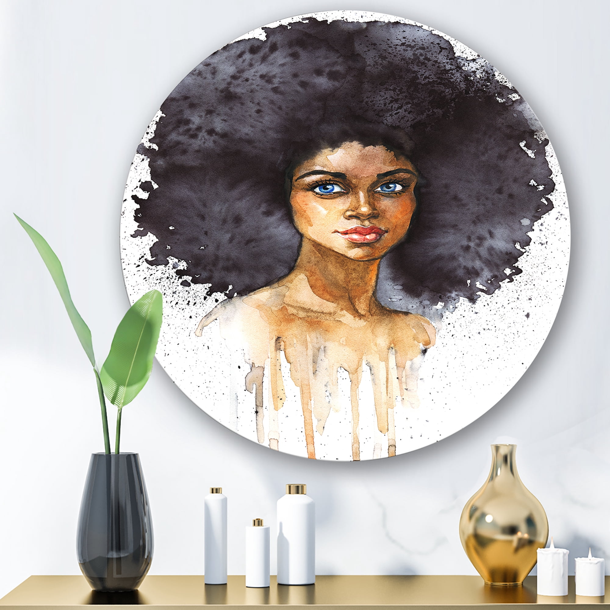 Designart 'Portrait of Afro American Woman X' Modern Circle Metal Wall Art 23x23 - Disc of 23