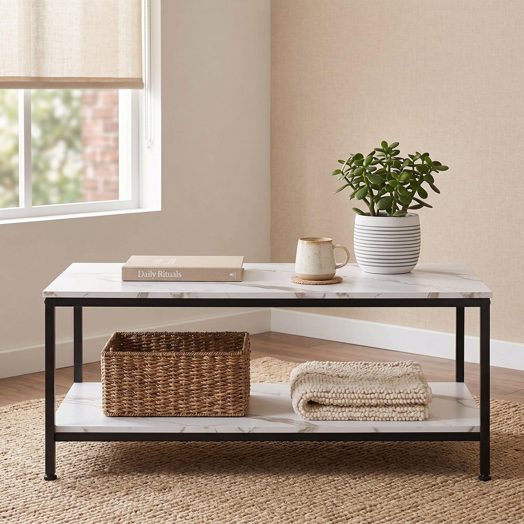 HomGarden 39.4" Modern Rectangle 2-Tier Coffee Table Wood Cocktail Table Home Office, Marble White