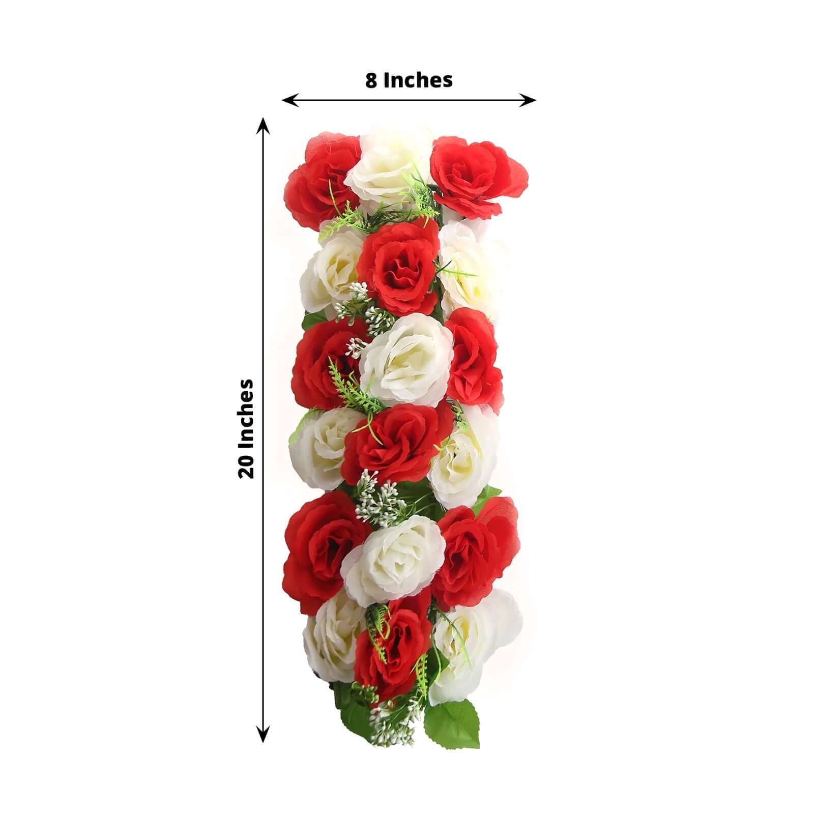 Efavormart 6 Pack Red Ivory Silk Rose Flower Panel Table Runner, Artificial Floral Arrangements Dining Table Decor - 20"x8"