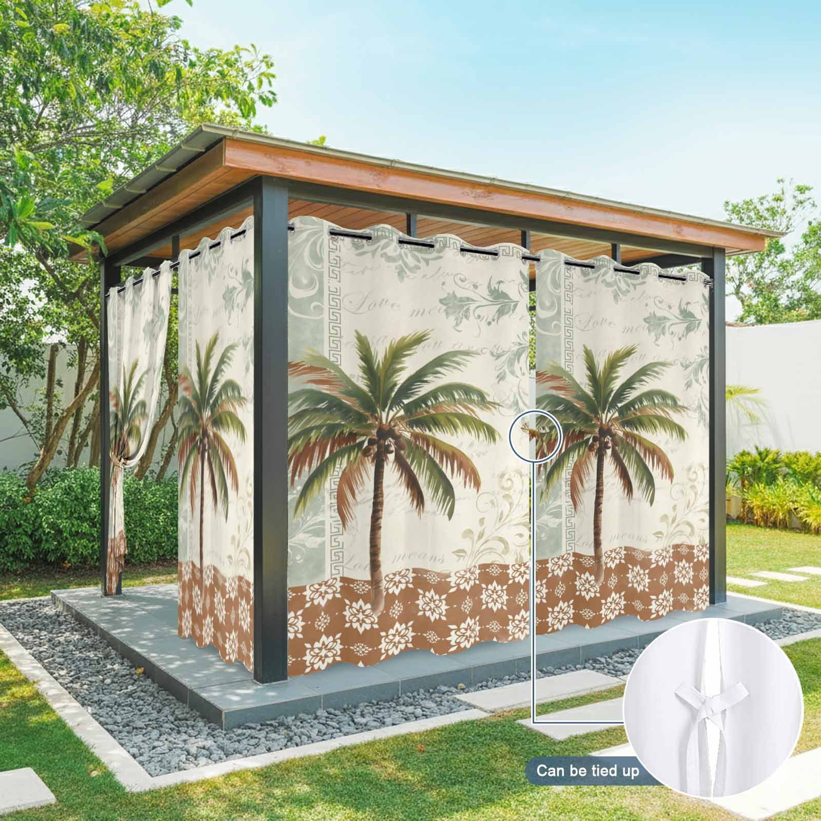 Palm Tree Outdoor Curtains for Patio, Summer Island Plant Brown Boho Floral Sunshade Privacy Drapes Grommet Waterproof Outside Curtains for Porch/Cabana/Balcony 54"x 108", 1 Panel