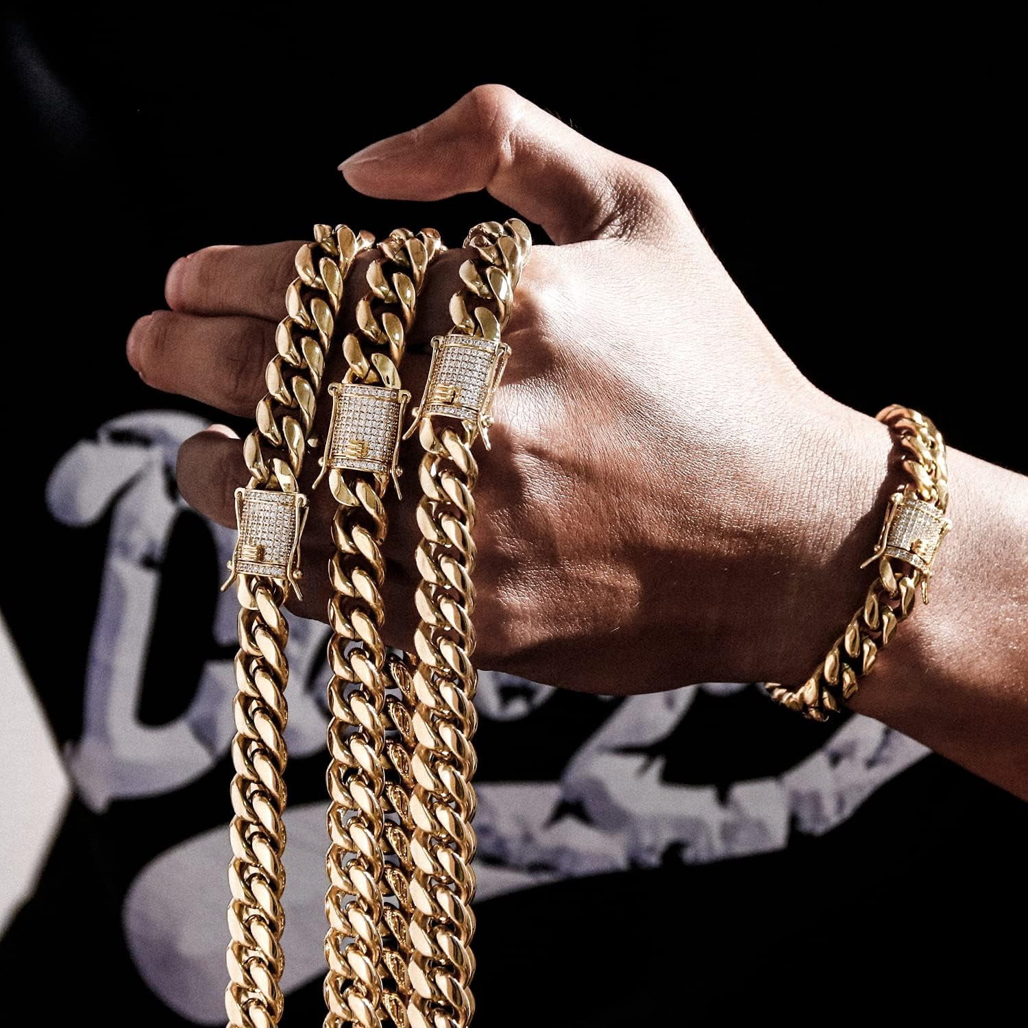 Leander 14K REAL Gold Plated Miami Cuban Link Chain 316L Stainless Steel Necklace or Bracelet with Iced Out Diamond Clasp for Men Women(Custom Box and Pouch Packing, Christmas Gift)