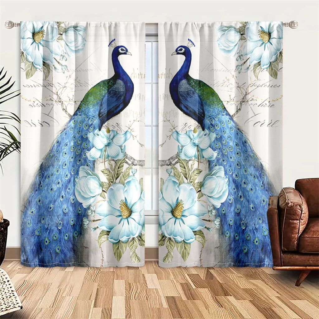WNOOHIY Luxurious Vintage Blue Peacock Printed Window Curtains for Enhanced Privacy,Set of 2 Panels