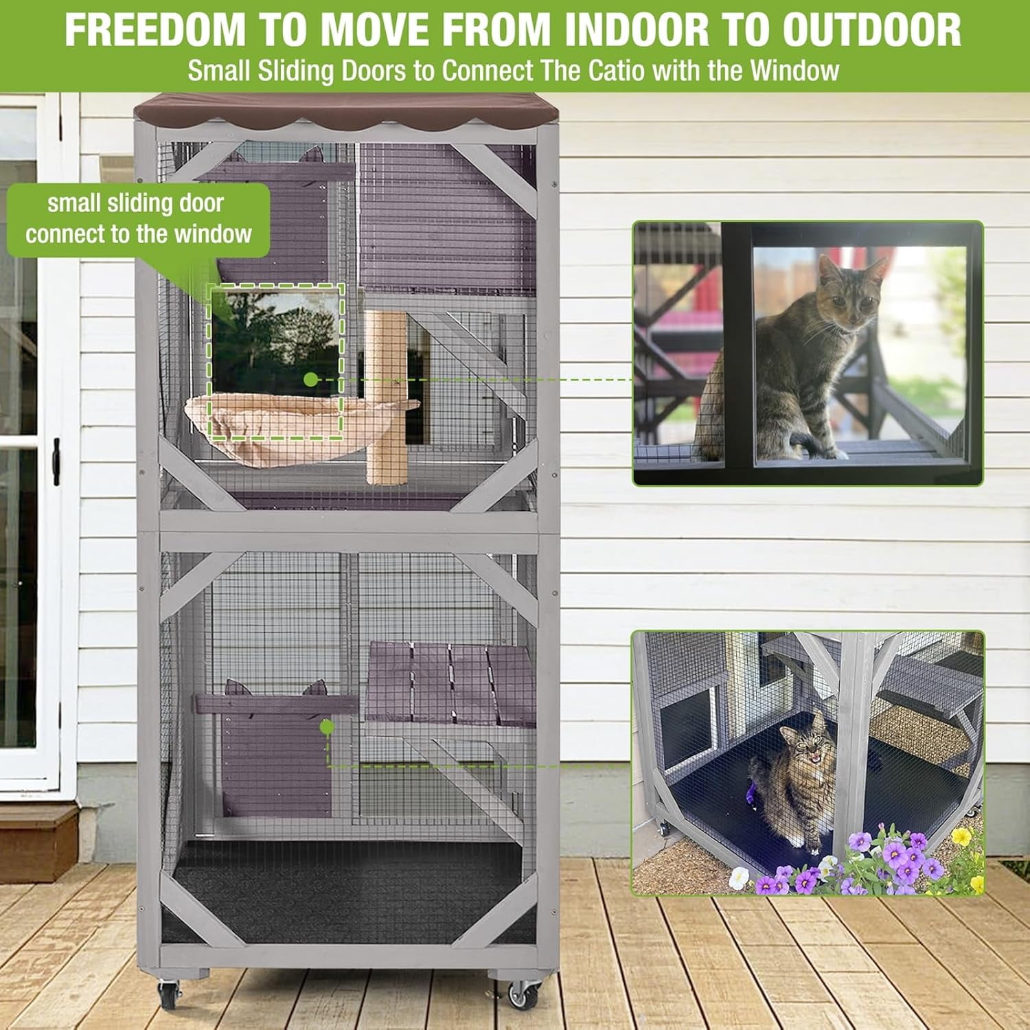 MEDEHOO Cat House Outdoor Catio for Cat Enclosure on Wheels 62.5" Large Kitty Shelter with Waterproof Cover,Indoor Cat Cage with Resting Room,Platforms