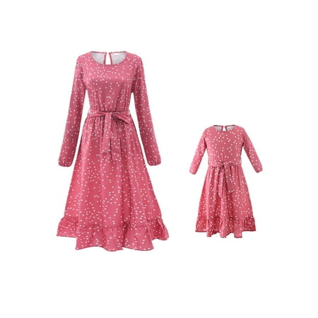 

Ma&Baby Mommy and Me Dresses Mom Kid Girls Dots Print Ruffle Dress/Romper with Belt Matching Outfits