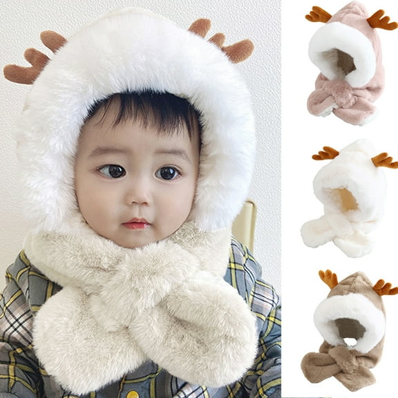 Kids Winter Hat Scarf - Thicken Antler Decoration Plush Boys Winter Hat, Cold-proof Fluffy Protect Ears
