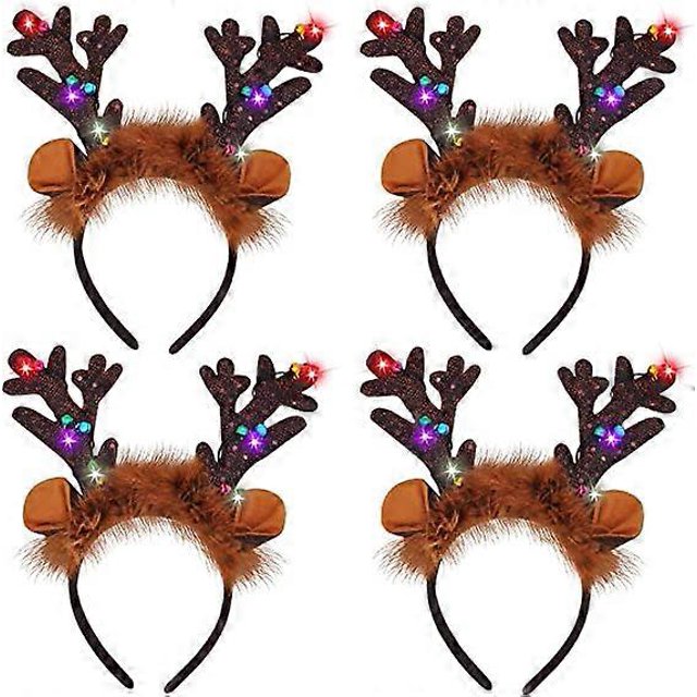 ZHAOCHENG Paquete de 4 diademas de reno navideñas iluminadas para suministros navideños y diademas para fiestas navideñas