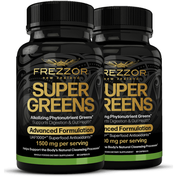 FREZZOR Super Greens Capsules with UAF1000 , Wheat Grass Supplement, 180 Count, 2 Bottle