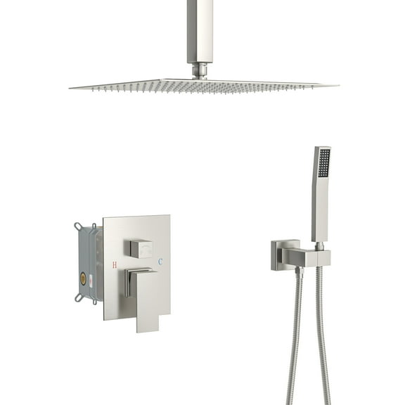 Dual Shower Head - 12″ Ceiling Mount Square Shower System with Rough-in Valve, Brushed Nickel