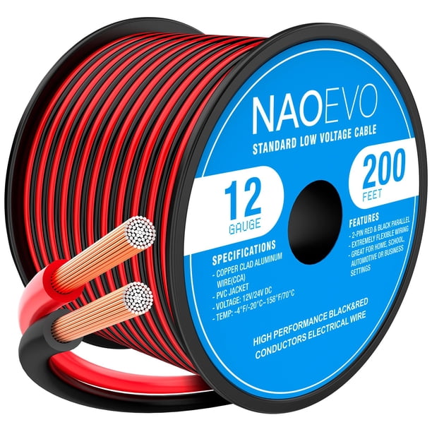 Cable eléctrico NAOEVO, calibre 12, 200 pies, 2 conductores, rojo y negro