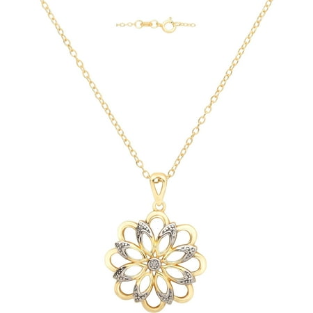 Diamond-Accent 18kt Yellow Gold over Sterling Silver Flower Pendant, 18