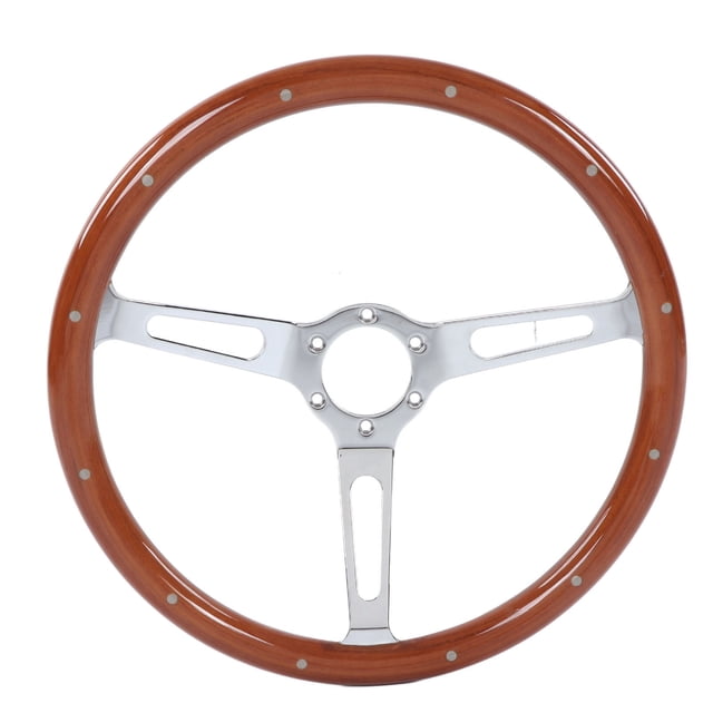 Volant Classique, 380mm/15 Pouces Poignée en Noyer Classique Volant en Acier Inoxydable 3 Rayons Riveté 6 Trous Modification Universelle Volant Rétro