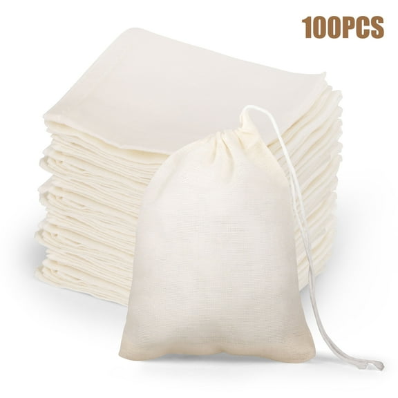 100pcs Muslin Cotton Drawstring Bags, TSV Reusable Tea Bags, Sachet Bag, Cheesecloth Bags for Straining, Empty Gift Pouch