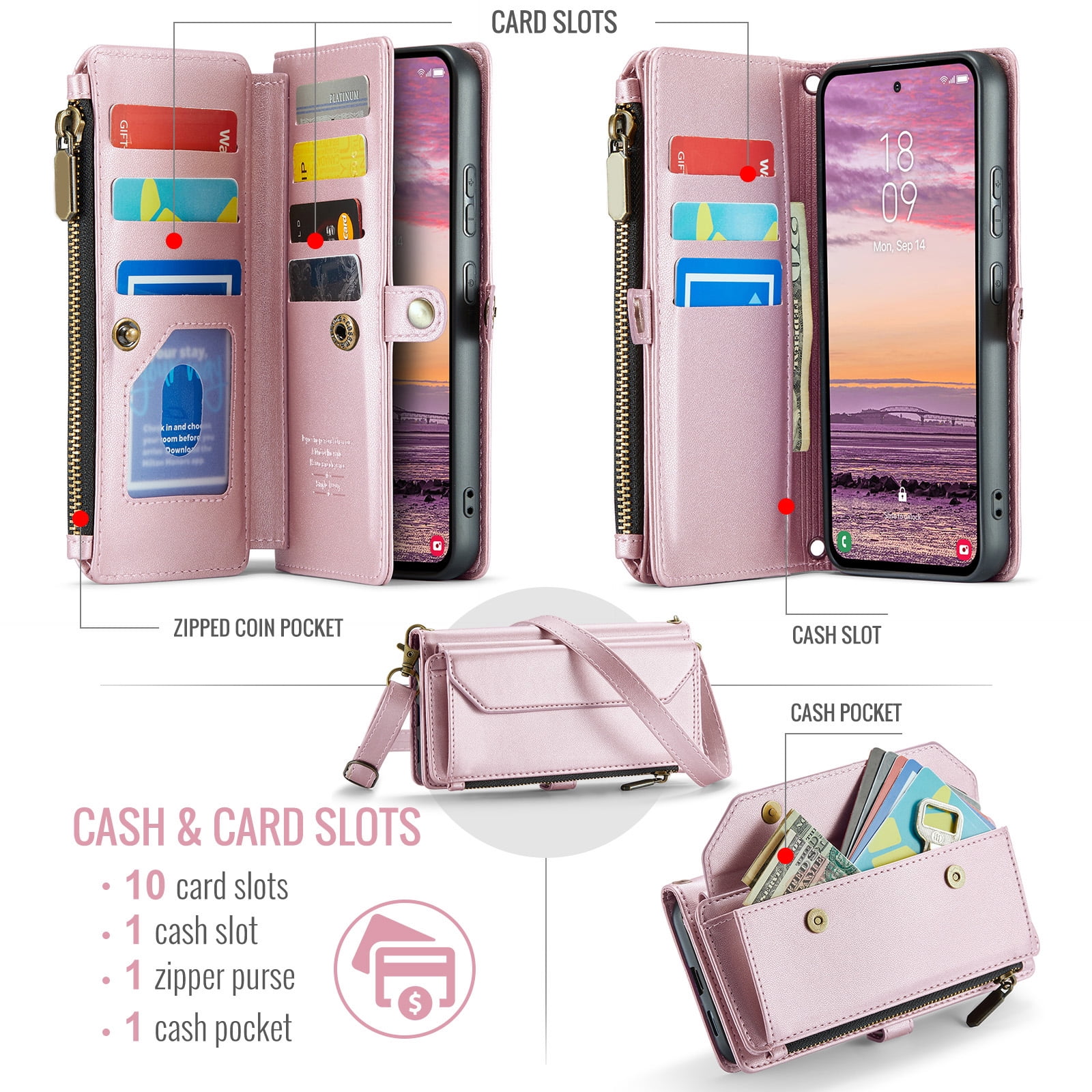 Compatible with Samsung Galaxy S25 Edge 5G Zipper Wallet Phone Case Tempered Glass Screen Protector Crossbody Lanyard Strap Flip Card Holder Slot Cell Cover for S25Edge 25S S25 25Edge Women Rose Gold