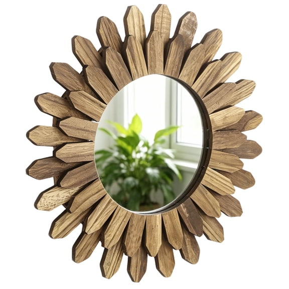 Boho Wall Decor Mirror, 12 inch Rustic Sunburst Mirror with Wood Frame, Decorative Round Farmhouse Wall Art for Home Entryway Bedroom Living Room Bathroom, Carbonized