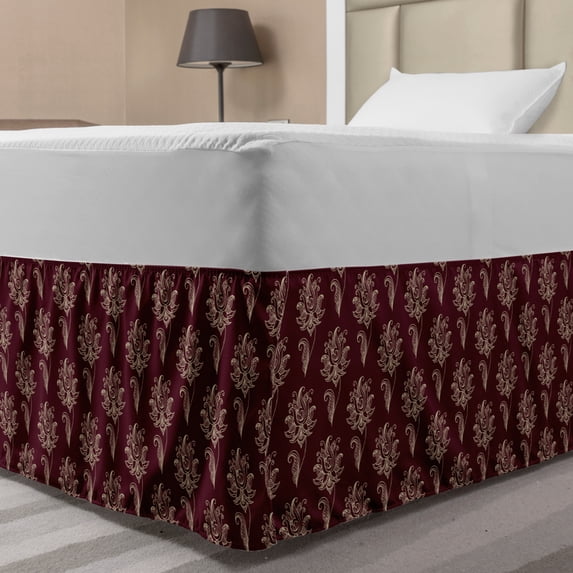 Maroon Bed Skirt, Rhythmic Paisley Design Antique Damask Style Leaves Like Motifs Illustration, Elastic Bedskirt Dust Ruffle Wrap Around for Bedding Decor, 4 Sizes, Maroon Pale Sepia, by Ambesonne
