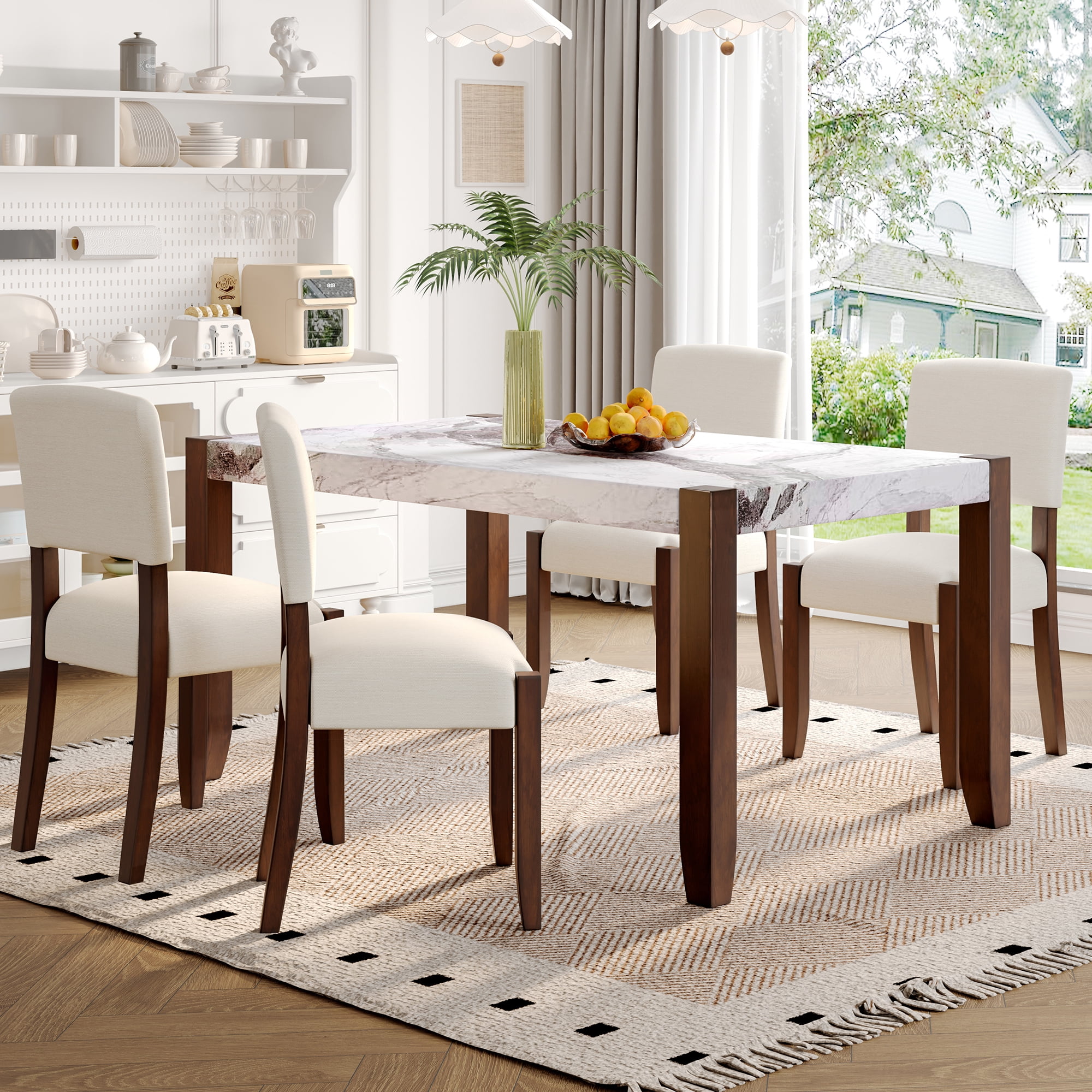 Euroco 5-Piece Dining Table Set for 4, 46" Faux Marble Kitchen Table with 4 Upholstered Chairs and Solid Wood Frame,Modern Kitchen Table Set for Home Living Dining Room, Beige