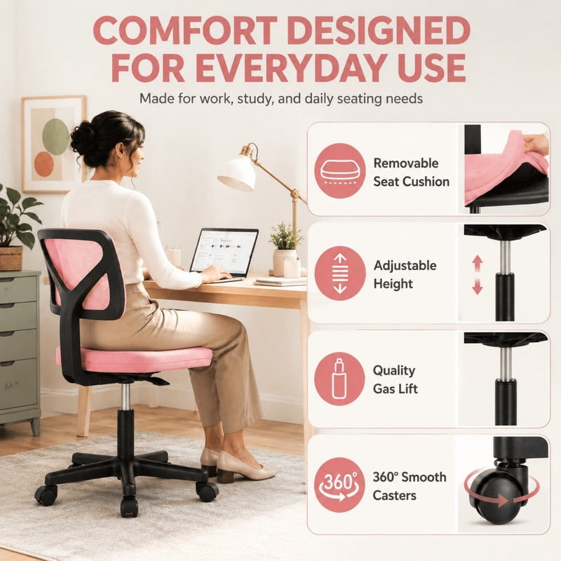 BEAUTYPEAK Desk Chair with Y-Shaped Lumbar Support Adjustable Armless Mesh Office Chair with Wheels for Home Office, Pink