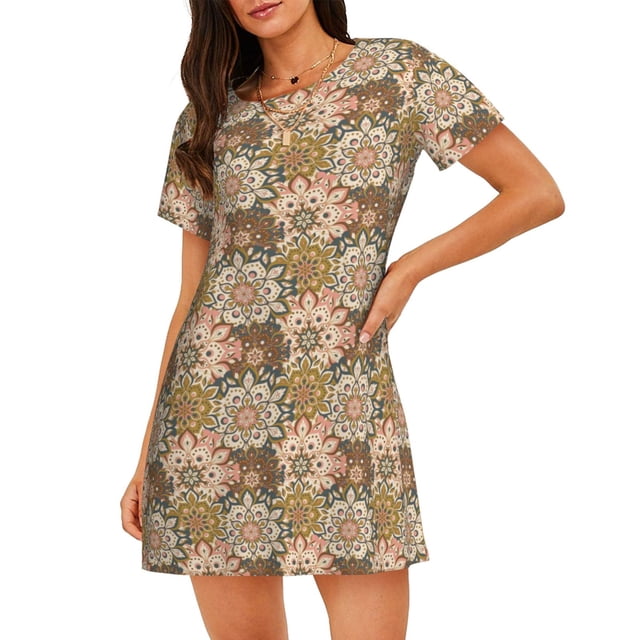 Disketp Mandala para Camisón Corto de Manga Corta para Mujeres, Camisón Cómodo con Escote Redondo, Bonito y Confortable