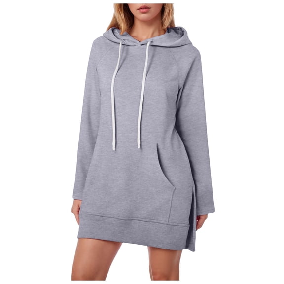 Pimfylm Womens Oversized Hoodie Dress Casual Solid Color Pullover Trendy Loose Long Sweatshirt Split Hem with Kangaroo Pocket Grey, L
