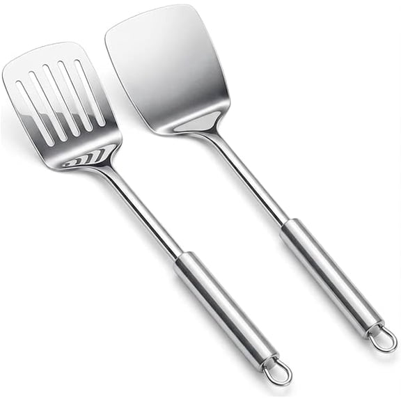 Silver Spatula Set, 13.5-inch Stainless Steel Solid & Slotted Spatula Turner, Heavy Duty Metal Spatulas Heat Resistant for Fish,Eggs,Pancakes. - Multi-Functional High-Efficiency Design