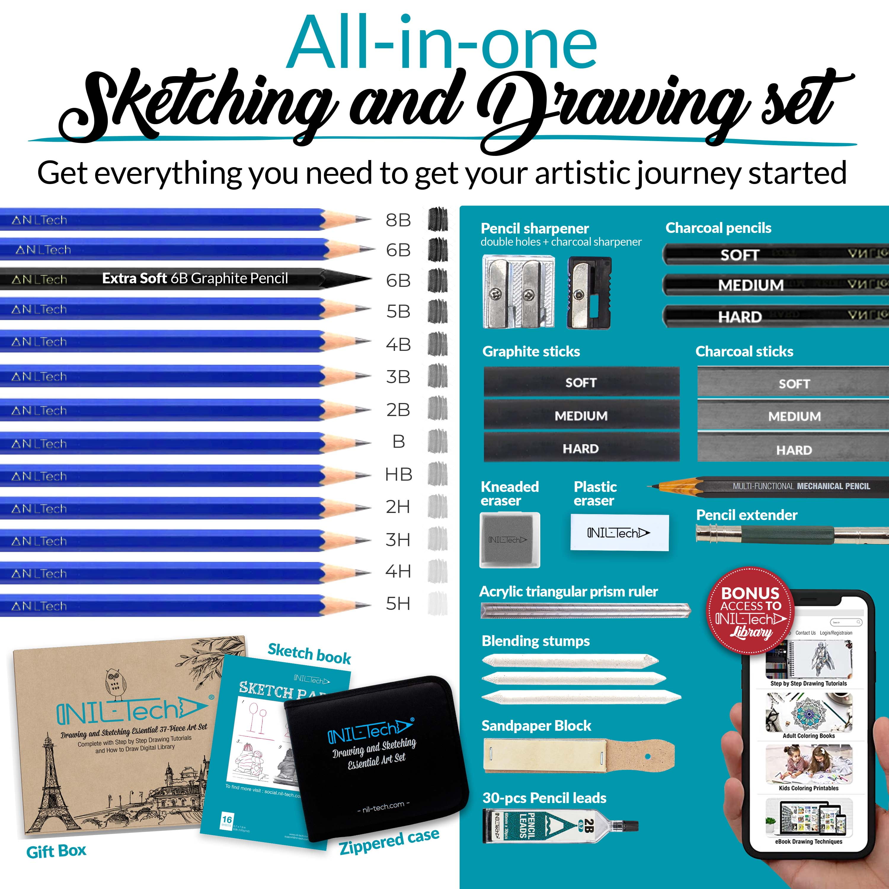 NIL-Tech 37-Piece Sketch Kit for Charcoal & Realism Art for Beginners and Advanced Artist Gifts
