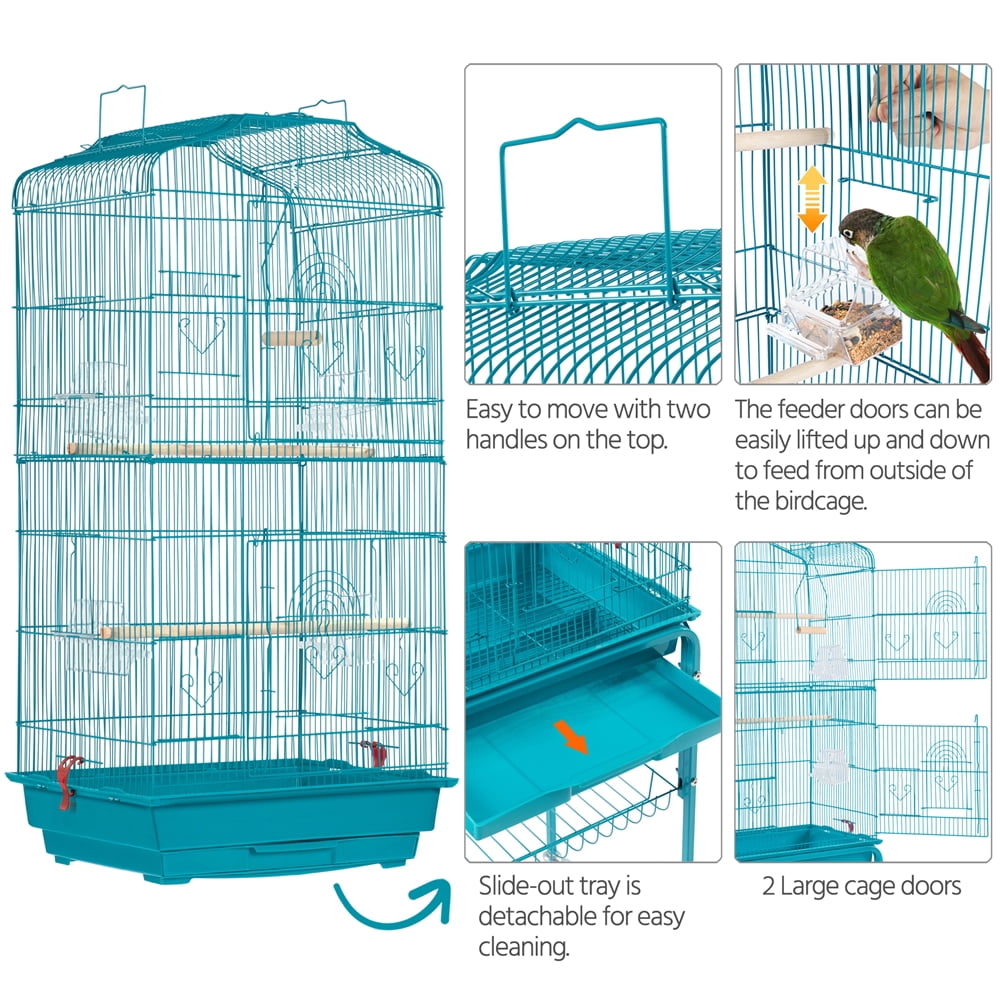 Alden Design 64''H Parrot Cage Open Top Metal Bird Cage Large Rolling, Teal Blue