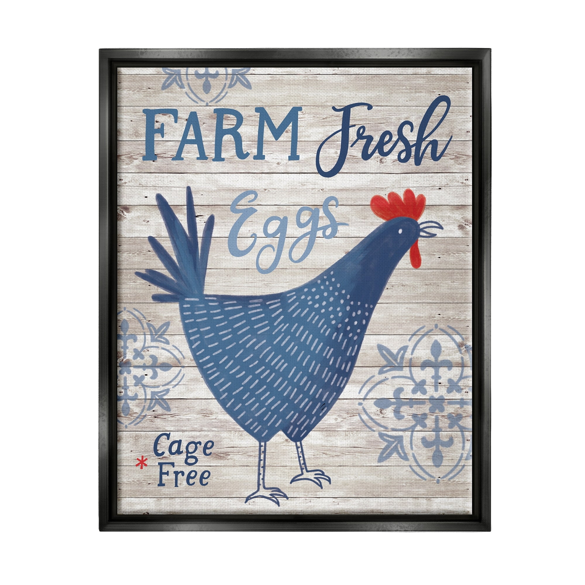 Stupell Industries Farm Fresh Eggs Blue Rustic Chicken Planked Pattern Graphic Art Luster Gray Floating Framed Canvas Print Wall Art, Design by Nina Seven