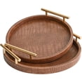 thumbnail image 7 of MODE HOME Modern Round Tray Set of 2, Crocodile Leather Decorative Trays with Polished Gold Handles for Coffee Table, Ottoman & Home Decor - Brown, 7 of 7