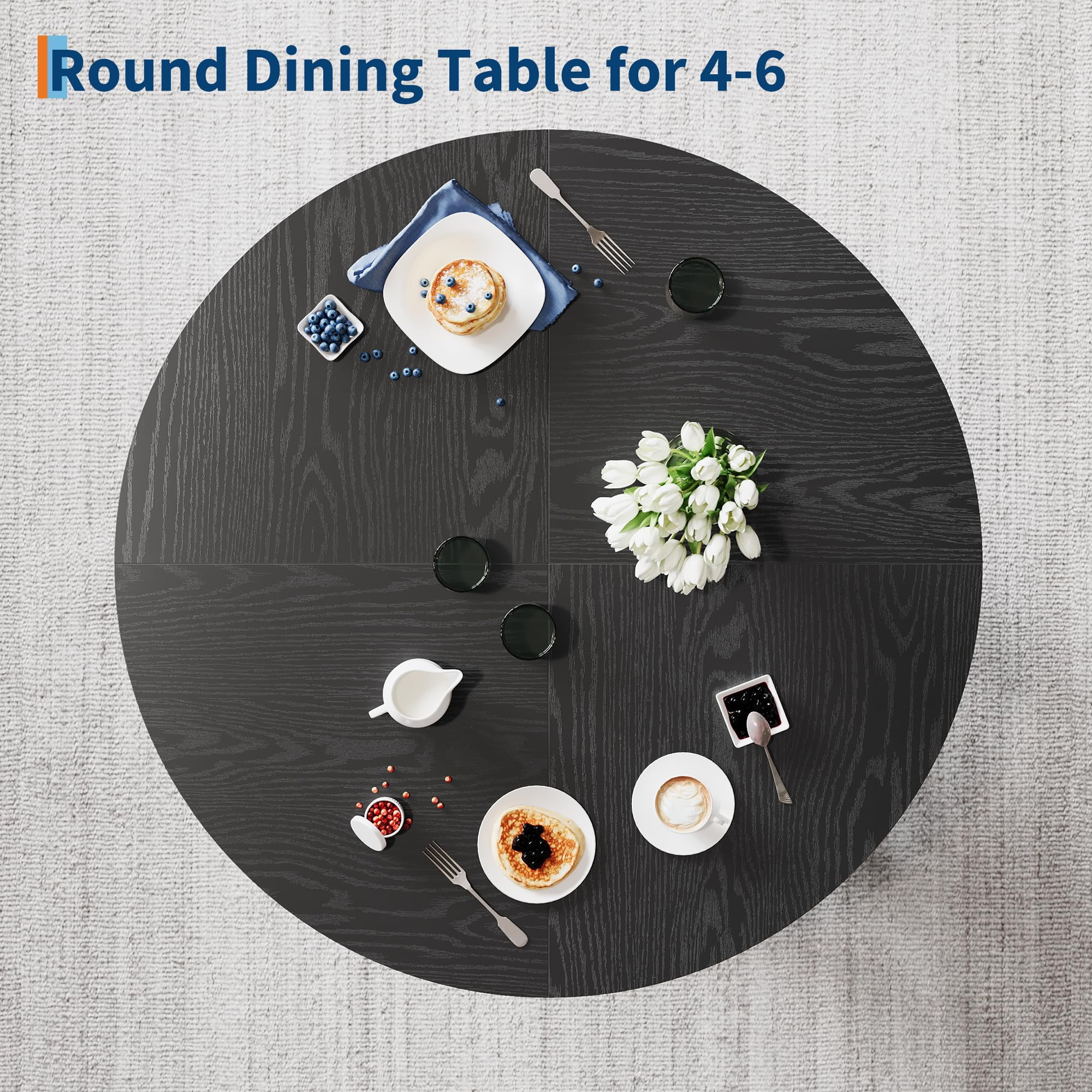 47" Round Farmhouse Dining Table for 4 | Sturdy Kitchen Table & Breakfast Nook Centerpiece Space-Saving Design for Dining Room (Table Only)
