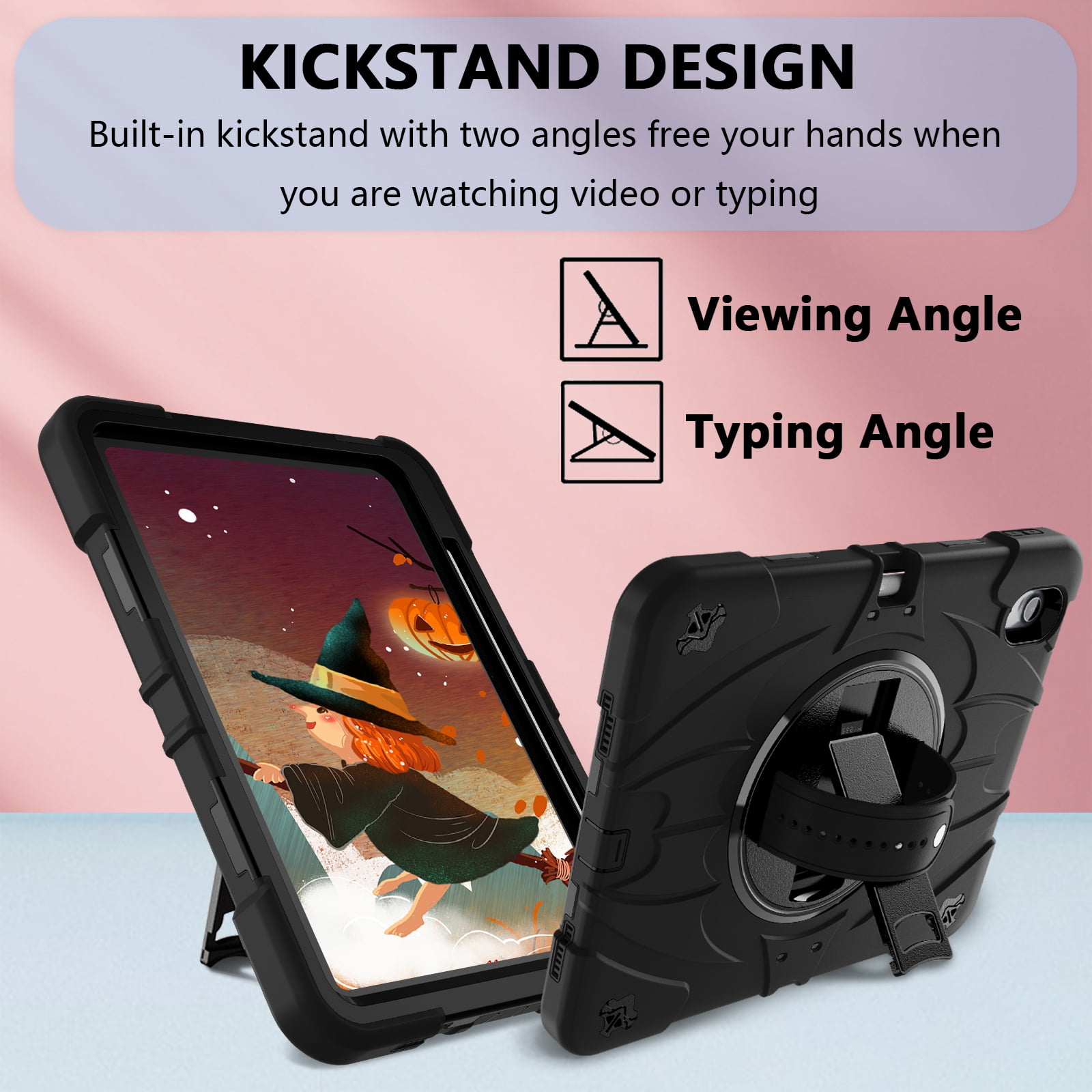ELEHOLD Case for Apple iPad Air 11 (2024), Heavy Duty Shockproof Case with Pencil Holder/Stand/Hand Strap/Shoulder Belt, Rugged Protective Cover for Boys Girls,Black