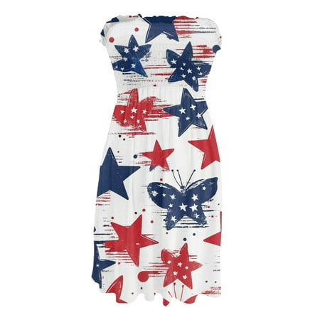 CHCNHAC 4th Of July Beach Dresses for Women Patriotic American Flag Graphic Dresses Flattering Flowy Swing Strapless Vacation Dress Hot Pink XL