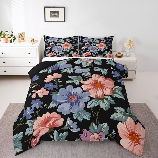 Erosebridal Floral Flower Bedding Twin Comforter Set,Spring Garden Down Comforter,Ultra Soft Reversible Bedding Sets Twin with Comforter,Botanical Room Decorative,3pcs