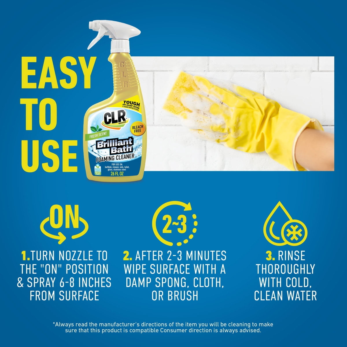 CLR Brilliant Bath Foaming Multi-Surface Cleaner, Fresh Scent, EPA Safer Choice, 26 fl oz