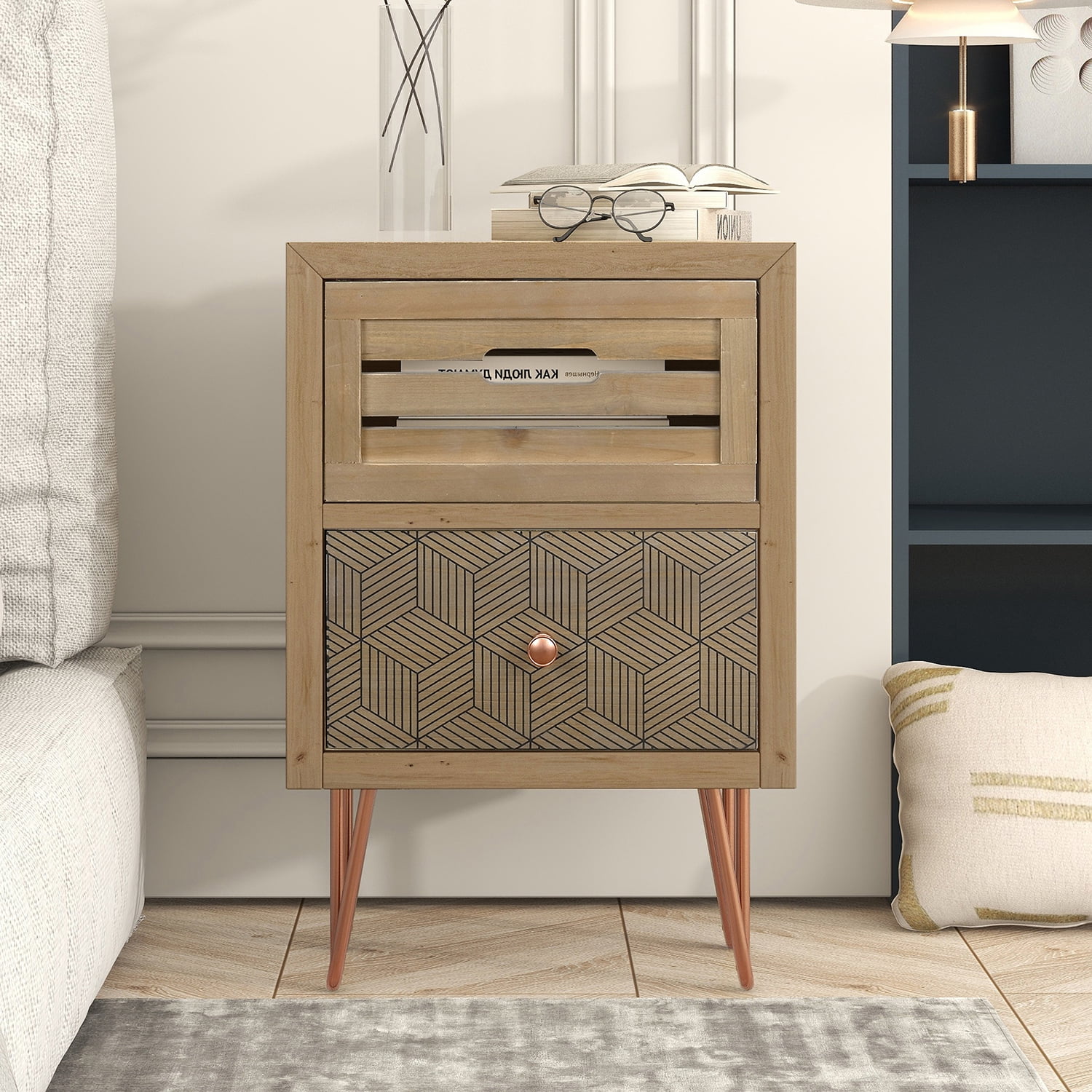 Kadyn Wooden Nightstand with Two Drawer, Modern Style Bedside Table, Storage Dresser End Table for Bedroom or Office, Natural Kadyn Wooden Nightstand with Two Drawer, Modern Style Bedside Table, Storage Dresser End Table for Bedroom or Office, Natural